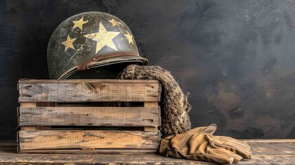 Vintage helmet and weathered gloves on wooden crate reflecting the somber mood of wwii battles