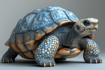 Obraz premium Detailed depiction of a tortoise with intricately textured shell and vivid colors indoors