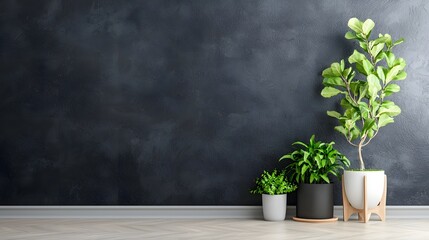 Stylish and modern monstera deliciosa houseplant in a minimalist ceramic pot displayed on a wooden desk or table against a grey wall background  Concept of natural decor botany green living