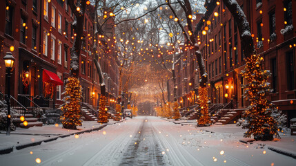 beautiful European winter street scene with Christmas lights and snow. festive atmosphere is enhanced by glowing decorations and trees