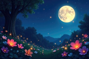 Fototapeta premium A moonlit garden with glowing fireflies and colorful flowers, twinkling lights, glow,
