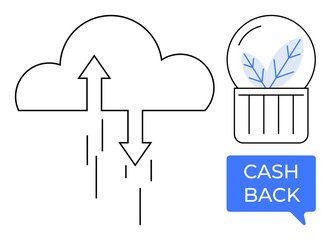 Cloud with upward and downward arrows, a snow globe with blue leaves, and a CASH BACK speech bubble. Ideal for weather, environment, economy, savings, financial incentives, rewards climatology