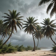 Fototapeta premium Palm trees swaying in strong tropical storm winds , windy day, windy palms , foliage moving