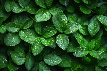 Obraz premium Lush Green Leaves Covered In Dew Drops