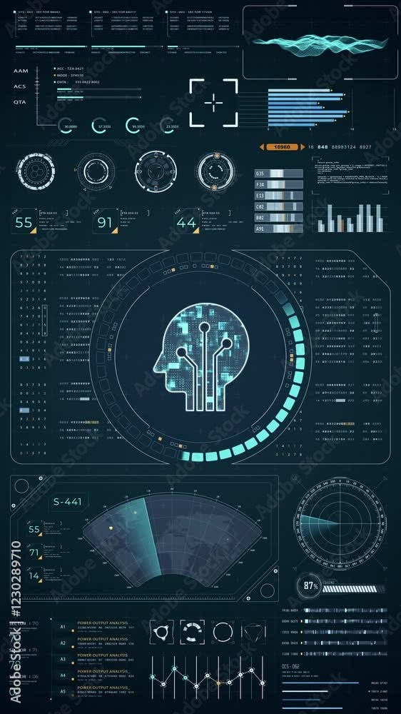 Poster motion graphic of blue digital robot head with head up display (hud ui) and futuristic technology ab