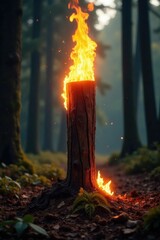 Flames engulfing a wooden post amidst the trees, trees, flames, wood