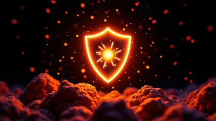 A vibrant digital illustration representing internet security with a shield emblem glowing against a fiery background.