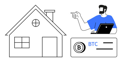 House outline with windows and chimney, person with laptop pointing, BTC cryptocurrency icon. Ideal for real estate transactions, digital finance, online property deals, cryptocurrency usage, modern