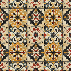 Motif répétitif de carreaux de ciment vintage avec motifs ornementaux floraux et géométriques en beige, rouge, noir et or, style méditerranéen