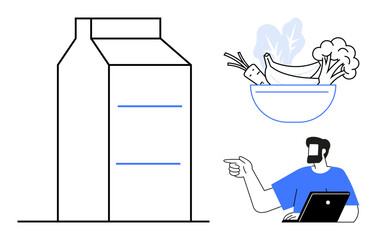 Milk carton, bowl of vegetables, and person using laptop while pointing. Ideal for nutrition, health, technology, work-life balance, healthy lifestyle dietary advice modern living. Abstract line