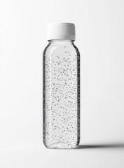 A clear bottle with a white cap