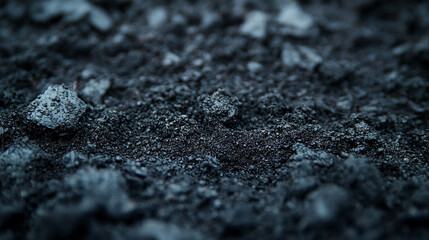Close-up of biochar black soil texture, rich dark fertile earth in minimalistic bright light tone modern blurred empty space for caption focus on sustainable agriculture and nature's rejuvenation

