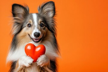 Fototapeta premium Shetland sheepdog - my desired dog. Ad campaign creative. Cute shetland sheepdog canine with companion toy red heart - sign of love, funny greeting card. Animal friendship. Red heart and dog.