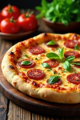 Freshly baked pizza with succulent sausage on a wooden table, succuk, fresh bread