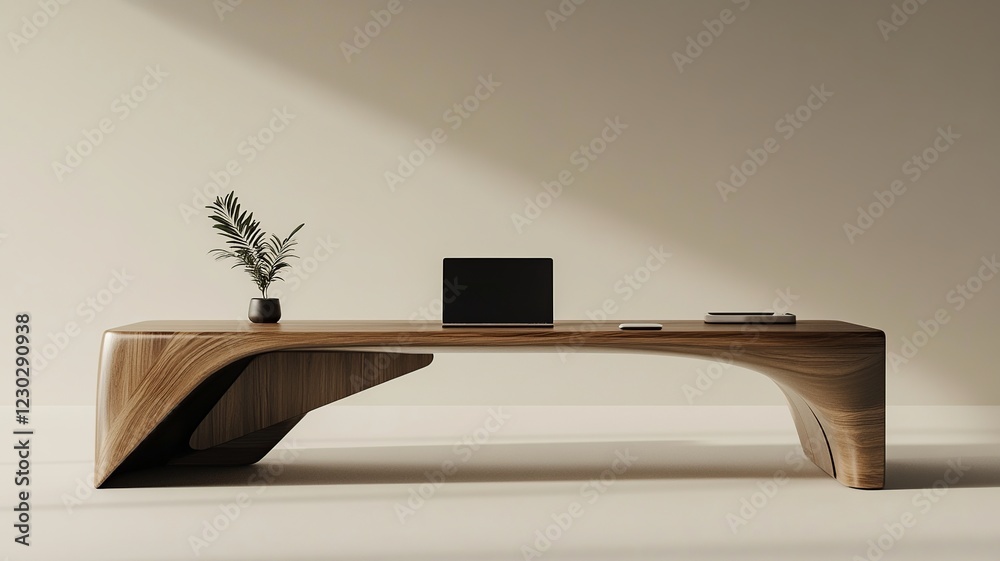 Poster a sleek and modern minimalist desk setup with clean lines, neutral tones, and an organized workspace