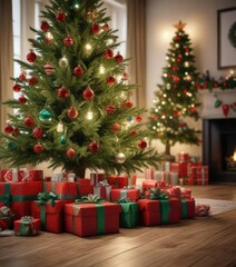 red and green presents under the Christmas tree, gift boxes, festive atmosphere, presents
