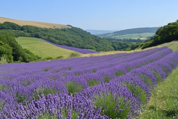 Lavender field on a hillside with green valley and distant hills under a clear blue sky.