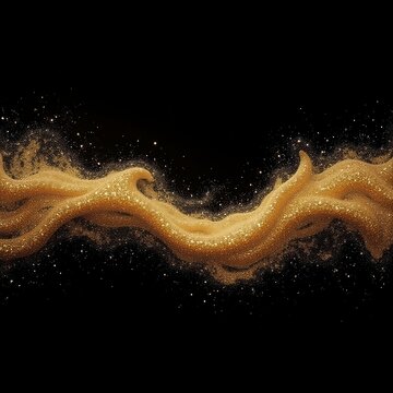Gold dust sparkles like a wave of shimmering light against a black background. The image captures a sense of luxury, elegance, and opu.lence, evoking feelings of glamour and sophistication