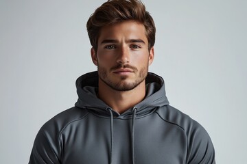 Obraz premium Stylish young man poses confidently in gray hoodie against simple background