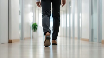 Walking through the office corridor business professional in modern workplace indoor setting perspective of movement