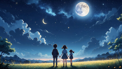 Obraz premium Anime style background night scene three children holding hands in a glowing field, starry sky with a full moon