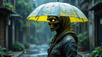 Skull with yellow umbrella for online protection and anonymity