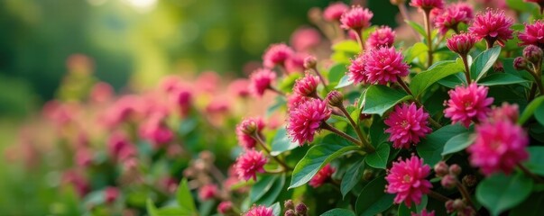 Fototapeta premium Low-angle shot of salmon berry bushes covered in pink flowers and foliage, bushy plants, salmon berry