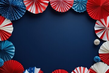 Obraz premium Decorative Paper Fans in Red, White, and Blue Surrounding a Dark Background for Celebrations