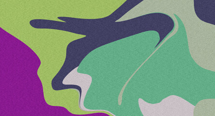 Modern minimalist abstract design with fluid, organic shapes in bold green, purple, and navy hues, evoking a dynamic sense of movement and depth