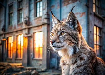 Majestic Lynx Side Profile in Urban Decay: A Wildlife Photography Stock Image