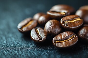 Fototapeta premium Freshly roasted coffee beans on textured surface ready for brewing delightful beverages