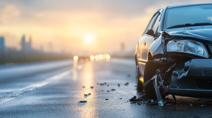 Aftermath of a car accident, extensive vehicle damage from collision on the road.