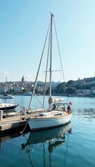 Fototapeta premium Sailboat anchored on the Bosphorus waterfront, pier, boats, reflection