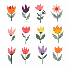 Flower spring clipart colorful set. Spring flowers drawing collection like daisy, tulip, jonquil, daffodil, chamomile and crocus clip art graphic elements. Vector illustration floral flat design.	