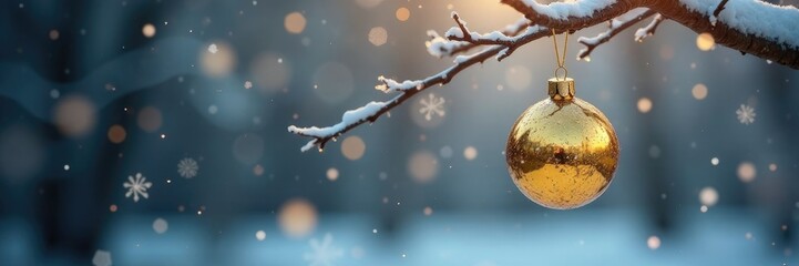 shiny gold ornament hanging from branch of bare tree branches, winter landscape, snowflakes, festive theme