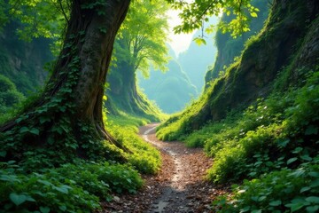 Obraz premium Vines wrap around ancient tree trunks on rugged mountain paths, greenery, vegetation, ancient trees