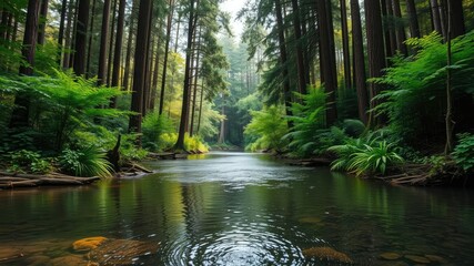 Obraz premium Silent water flows through the heart of the forest, surrounded by towering trees and lush greenery, forest interior, untouched nature