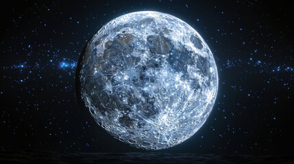 Fototapeta premium Bright full moon in clear night sky with twinkling stars, creating serene atmosphere