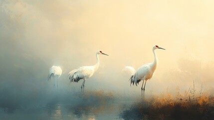 Obraz premium Cranes in Morning Mist, serene white cranes poised gracefully in a soft, fog-laden field, embodying tranquility and the beauty of nature's early light.
