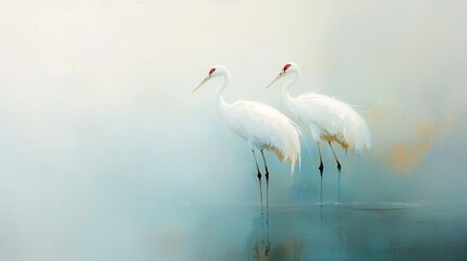 Fototapeta premium Cranes in Morning Mist, serene depiction of elegant white cranes poised gracefully in a tranquil field shrouded in soft, ethereal mist at dawn.