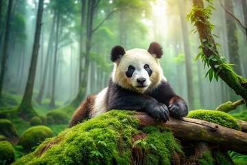 Obraz premium Majestic Panda Relaxing on Mossy Log in Misty Forest - Peaceful Wildlife Stock Photo