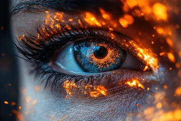 Close-up of a blue eye with fiery sparks and glowing lights reflecting within it, creating a mesmerizing visual effect