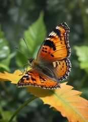 Fototapeta premium Small tortoiseshell butterfly perched on a leaf , entomology, aglais urticae, animal