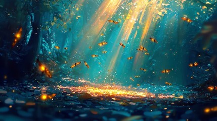 Enchanted Fireflies in a Twilight Grove, a mesmerizing brush painting showcasing luminous fireflies illuminating a serene, shadowy forest at dusk.