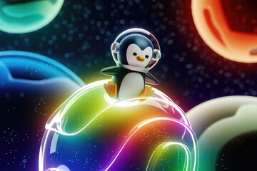 A cute penguin astronaut sits on a rainbow planet in space, surrounded by glowing orbs.