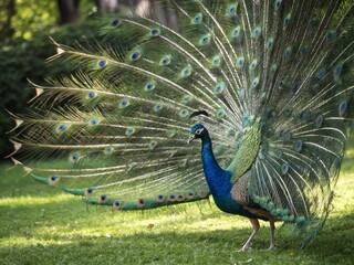 Obraz premium Majestic Peacock with Full Tail Feathers Display, Vibrant Bird, Exotic Wildlife
