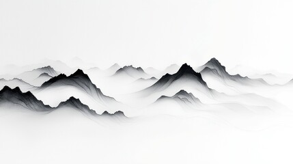 Obraz premium Foggy Valley Horizon, an enchanting ink artwork capturing ethereal mist swirling through serene mountain silhouettes under a soft, muted sky.