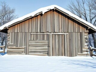 Naklejka premium Snow-covered barn with wooden slats and snow-laden eaves, cold weather, rural landscape, farm architecture