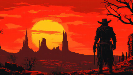 Lone cowboy silhouette standing before a dramatic red sunset with a gothic castle in the distance. Western gothic style illustration