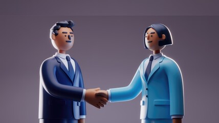 Fototapeta premium Two 3D cartoon businesspeople shake hands, symbolizing a successful partnership or deal.